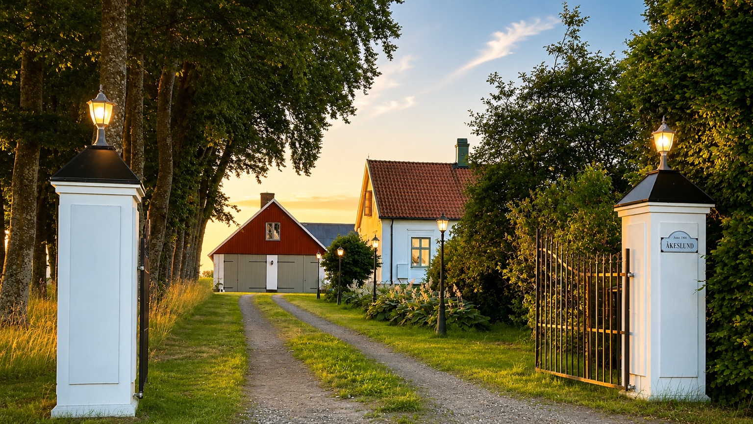 Åkeslund’s entrance with white gateposts and glowing lanterns in the evening sun