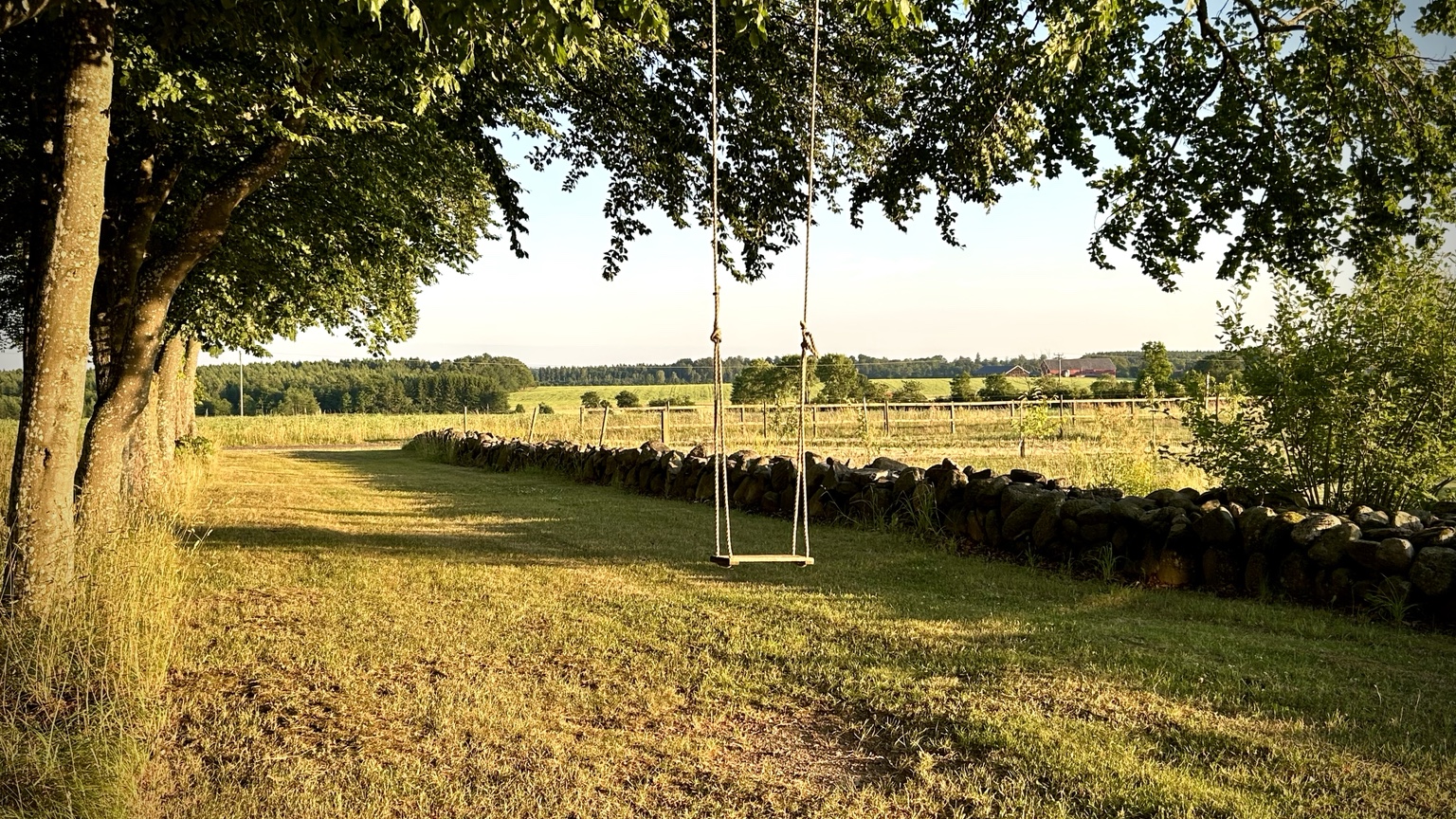 A wooden swing by the farm’s stone wall overlooking the fields